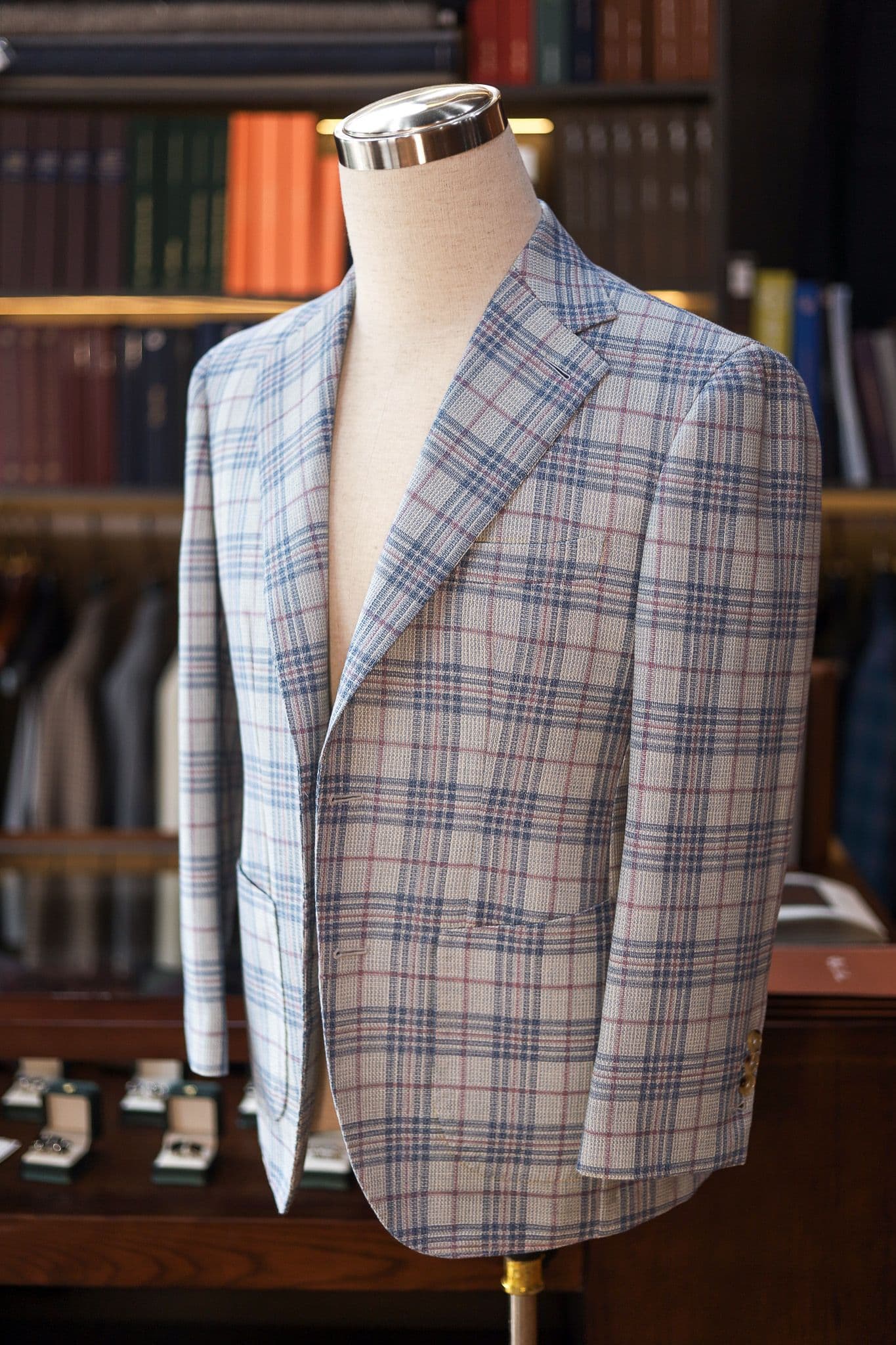 Holland&Sherry White Blue Check Hopsack Mesh Jacket